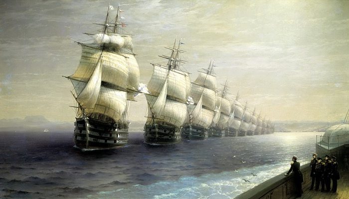 Смотр Черноморского флота в 1849 году (первым идёт флагман «12 Апостолов»). (Общественное достояние)