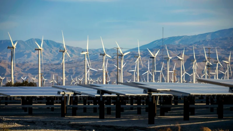Гигантские ветряные турбины приводятся в действие сильным ветром перед солнечными панелями в Палм-Спрингс, Калифорния, 27 марта 2013 г. (Kevork Djansezian/Getty Images)
 | Epoch Times Россия