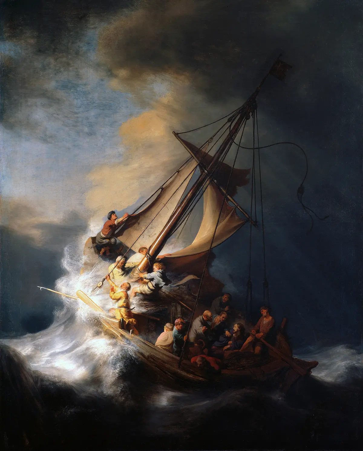 «Христос в бурю на Галилейском море», 1633, Рембрандт. Масло на холсте; 63 дюйма на 50 3/8 дюйма. Украдена в 1990 году из Музея Изабеллы Стюарт Гарднер, Бостон. (Public Domain)