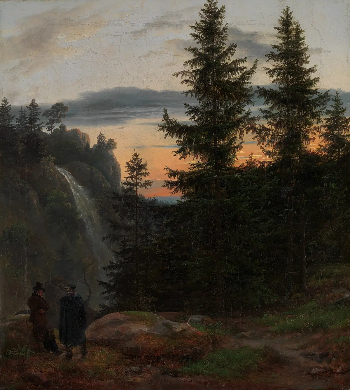 Картина «Двое мужчин перед водопадом на закате», 1823 г., автор Йохан Кристиан Даль. Масло на холсте; 38 см на 35,5 см. Музей Метрополитен, Нью-Йорк. (Public Domain) Трио лунных картин