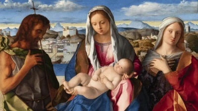 Фрагмент картины Джованни Беллини «Мадонна с младенцем, Иоанном Крестителем и неизвестным святым», около 1500 года. Дерево, темпера, масло; 21,6 дюйма на 30,3 дюйма. Галерея Академии, Венеция. (Courtesy of Jacquemart-André Museum).