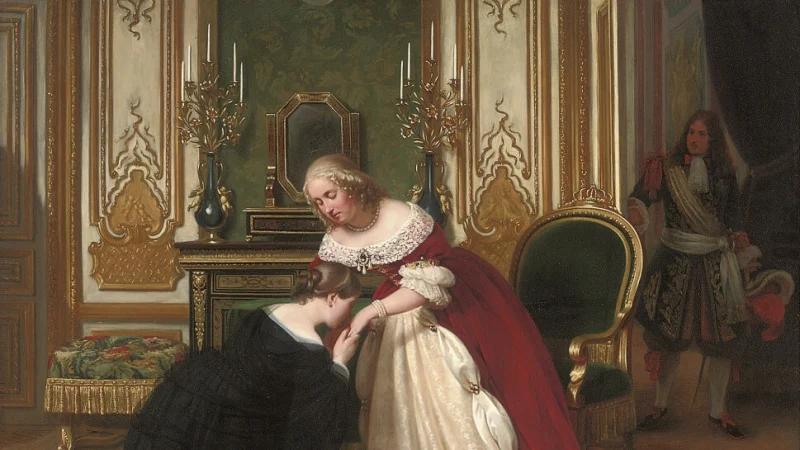 Эгоизм и самопознание в книге К. С. Льюиса «Пока мы лиц не обрели» «Королевская встреча», 1838 год, картина Луизы-Аделаиды Деснос. Хотя на ней изображена бывшая королевская любовница, просящая прощения у своей королевы, эта картина разделяет темы отношений Оруала и Психеи. Когда у Психеи появляется возможность отвергнуть раскаявшуюся Оруал, она вместо этого прощает её. (Public Domain) | Epoch Times Россия