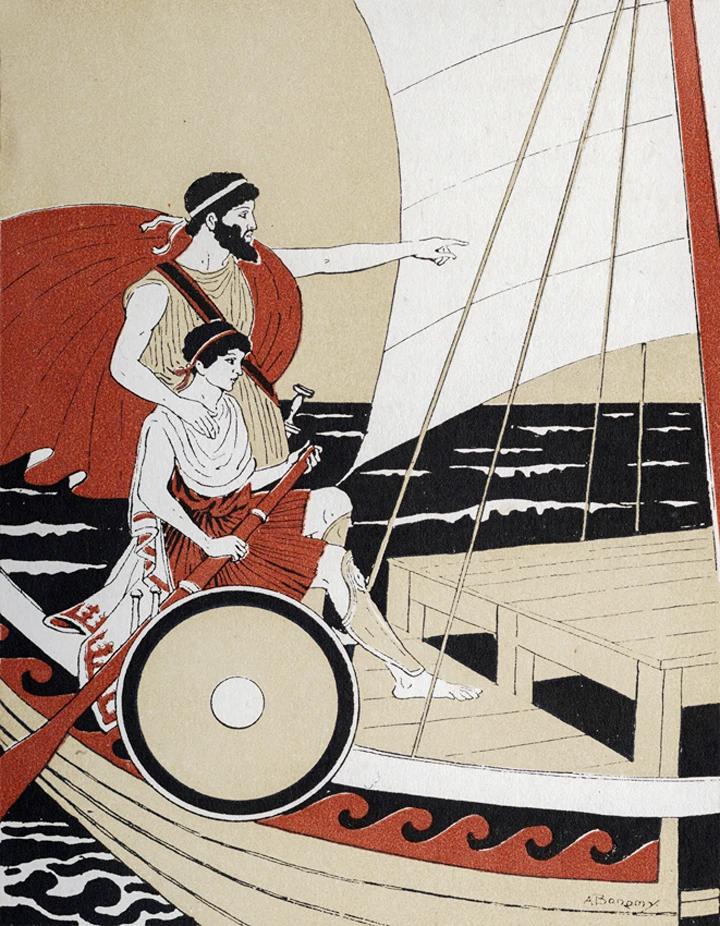 Телемах, один из героев «Одиссеи» Гомера, отправляется в путешествие на поиски отца в сопровождении богини Афины, замаскированной под наставницу. (Spcollection/Alamy Stock) Поиск смысла жизни через «Путешествие героя» Джозефа Кэмпбелла