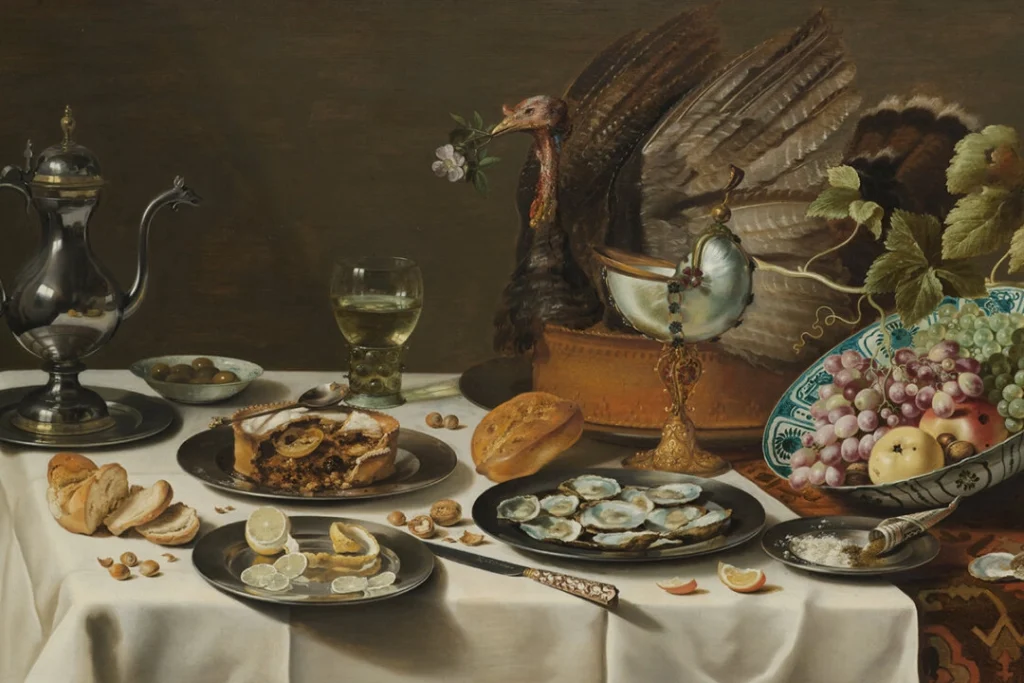 «Натюрморт с пирогом с индейкой», 1627, Питер Клас. Масло на панели; 29 1/2 дюйма на 52 дюйма. Рейксмузеум, Амстердам. (Public Domain)