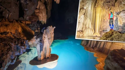  Спелеологи исследуют «висячее» озеро с плавающей скалой в огромной пещере Тхунг во Вьетнаме