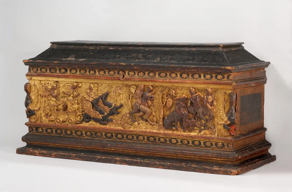 Брачный ларец (cassone), 1480–1495 гг. Древесина тополя; окрашенный и позолоченный; 38 ½ дюйма на 81 дюйм на 32 дюйма. Музей Метрополитен, Нью-Йорк. (Metropolitan Museum of Ar)