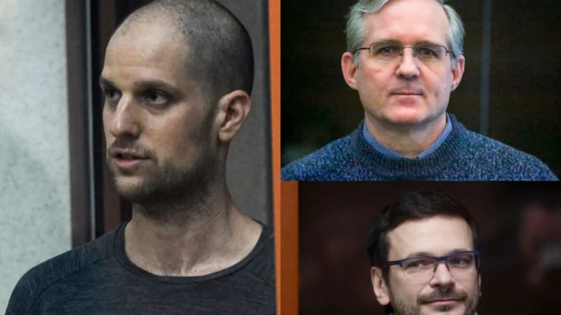 Репортёр Wall Street Journal Эван Гершкович (слева), руководитель службы корпоративной безопасности Пол Уилан (справа вверху) и российский оппозиционер Илья Яшин. (AP Photo)  | Epoch Times Россия