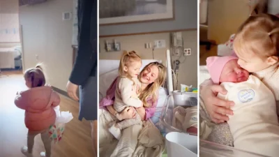 Трогательная встреча сестёр — старшей и новорождённой