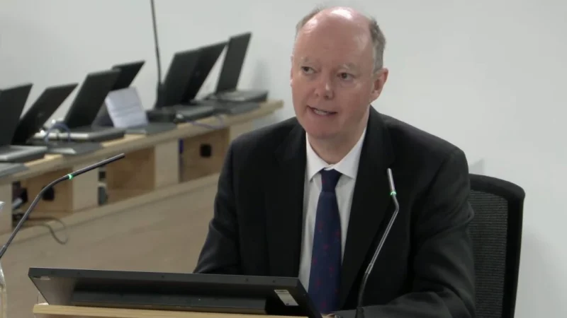 Скриншот прямой трансляции из Великобритании, посвящённой расследованию Covid-19, где профессор сэр Крис Уитти даёт показания в Лондоне 26 сентября 2024 года. (PA) | Epoch Times Россия