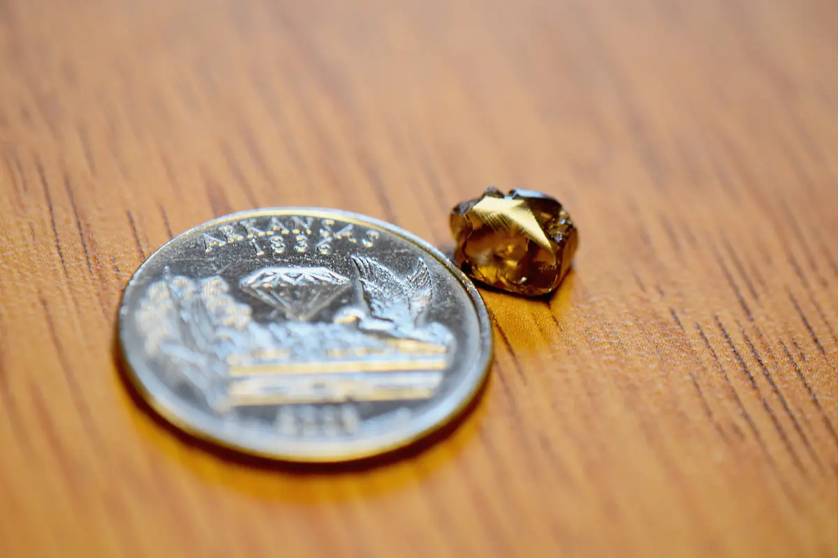 Алмаз, найденный в июле, получил название «Малая находка», по традиции парка, в честь его нашедшего, которого его отец называет «мелким старателем». (Courtesy of Arkansas State Parks) Мальчик нашёл алмаз весом 2 карата на открытом для всех руднике