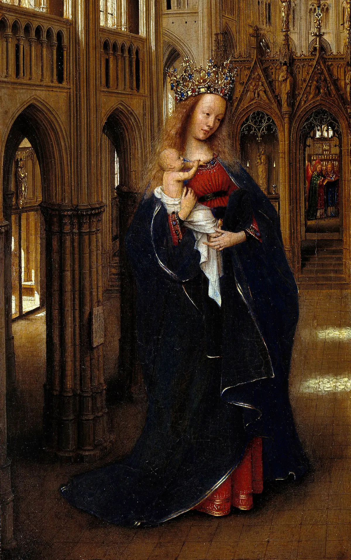 Деталь картины «Мадонна в церкви», около 1437–1440 годов, автор Ян ван Эйк. Масло на дубовой панели; 30,5 см на 14 см. Gemäldegalerie, Берлинский государственный музей. (Public Domain) Ранняя нидерландская масляная живопись