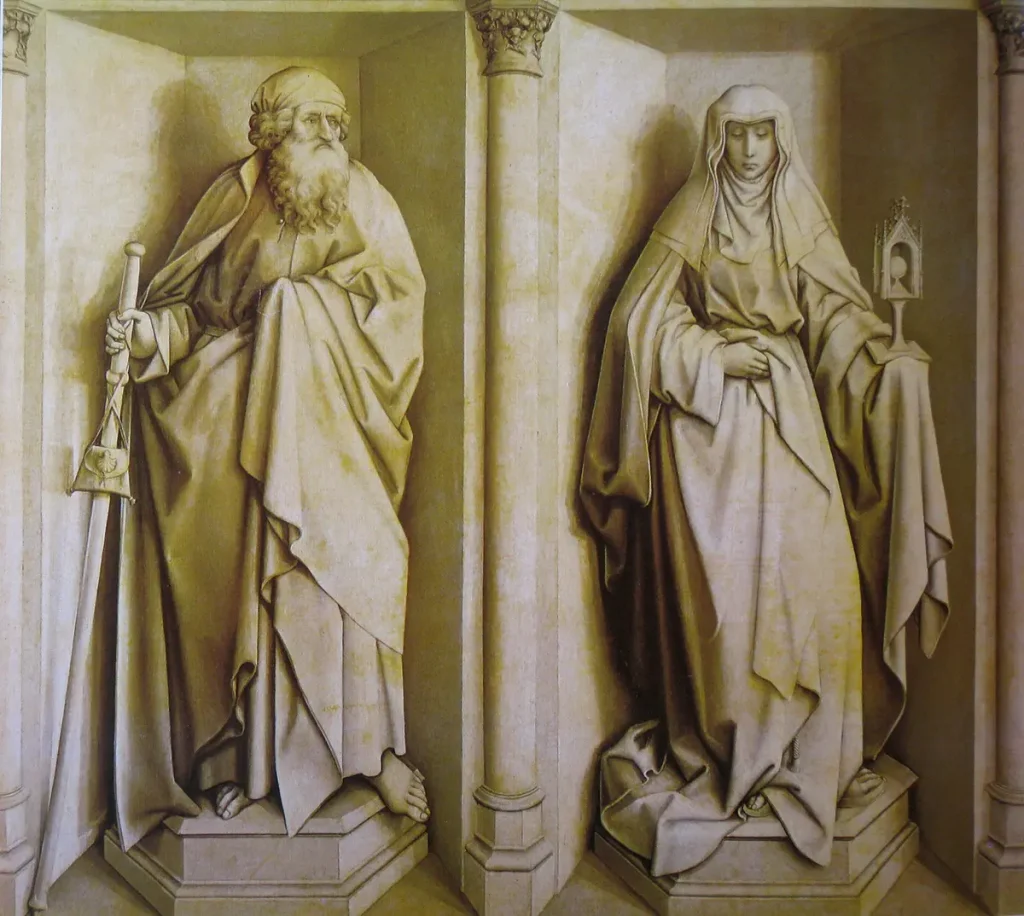 На оборотной стороне (гризайль) изображены скульптурные образы святого Иакова Старшего и святой Клэр. Гризайль на дубовой панели; 76,3 см на 86,7 см. Национальный музей Прадо, Мадрид. (Public Domain) Ранняя нидерландская масляная живопись