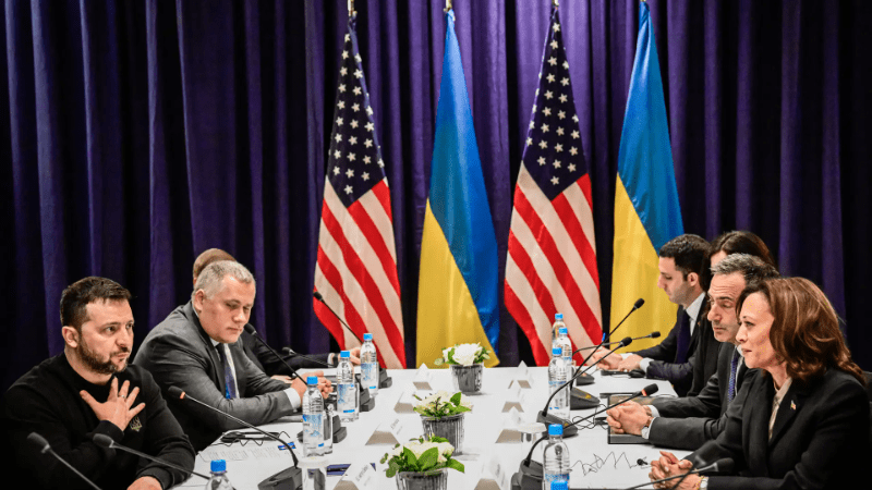 Позиции Харрис и Трампа в отношении Украины Президент Украины Владимир Зеленский, вице-президент Камала Харрис и члены их делегаций встречаются для переговоров в Мюнхене, Германия, 17 февраля 2024 года. (Tobias Schwarz/POOL/AFP via Getty Images) | Epoch Times Россия