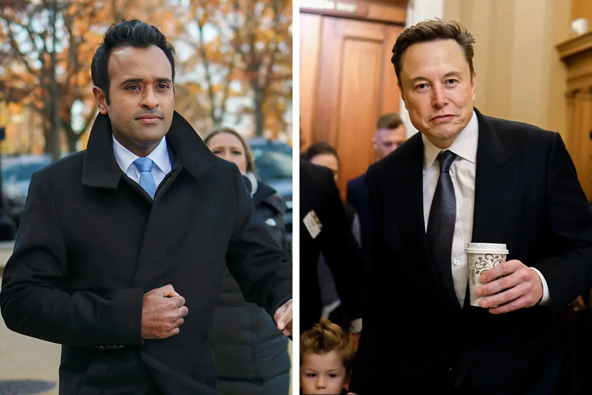 Бизнесмен Вивек Рамасвами (слева) и Илон Маск (справа), сопредседатели недавно созданного Департамента эффективности государственного управления, прибывают на Капитолийский холм 5 декабря 2024 года. (Anna Moneymaker/Getty Images) Эксперты: Возвращение Трампа обещает быстрые перемены