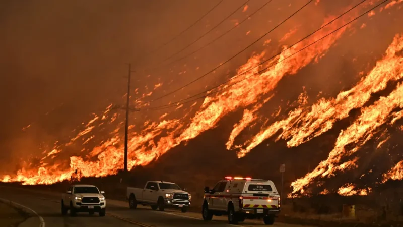 Новый пожар охватил более 10 000 акров земли к северу от Лос-Анджелеса Машины экстренных служб стоят на обочине дороги, пока пламя пожара в Хьюз-Фрайер взбирается на холм в Кастаике, округ Лос-Анджелес, 22 января 2025 года. (Frederic J. Brown/AFP via Getty Images) | Epoch Times Россия