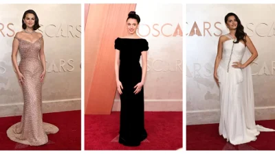 (Слева направо) Селена Гомес, Маргарет Куэлли и Пенелопа Крус на 97-й ежегодной церемонии вручения премии «Оскар» в театре Долби в Голливуде, Калифорния, 2 марта 2025 года. (ANGELA WEISS, Savion Washington/Getty Images)
