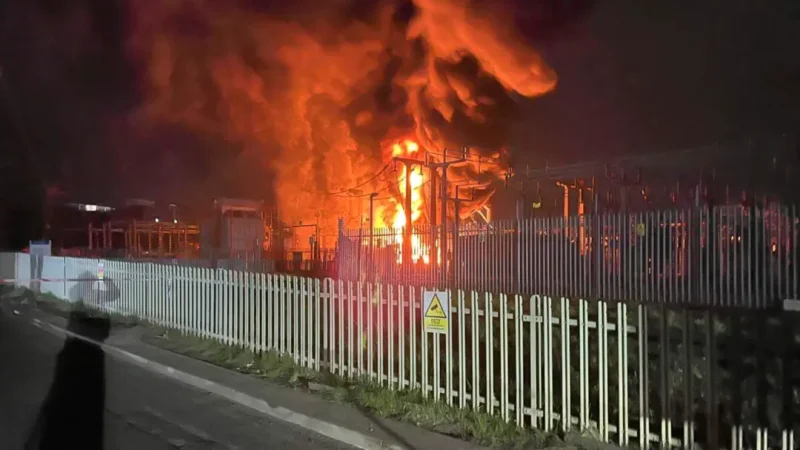 Пожар на электрической подстанции Норт-Хайд, который начался в четверг вечером и привёл к закрытию аэропорта Хитроу в Лондоне 21 марта 2025 года. (London Fire Brigade via AP) | Epoch Times Россия