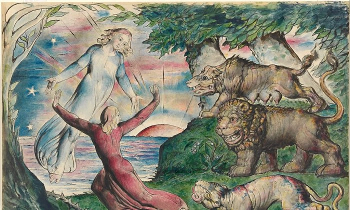 «Данте, бегущий от трёх зверей», Уильям Блейк. В 1824 году художник Джон Линнелл поручил Блейку проиллюстрировать «Божественную комедию» Данте. (Public Domain)  | Epoch Times Россия