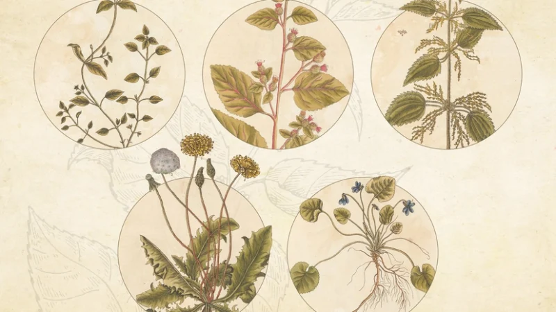 (Слева направо) песчанка, лопух, крапива, дикая фиалка и одуванчик. (Illustration by The Epoch Times, Rawpixel, Getty Images)
 | Epoch Times Россия