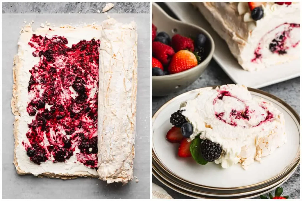 Рулет-безе с взбитыми сливками и ягодами