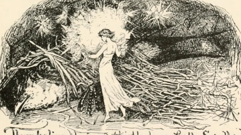 На этой иллюстрации из «Жёлтой книги фей» 1906 года Дюймовочка спускается к раненой ласточке. (Public Domain) | Epoch Times Россия