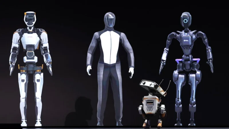 Роботы появляются на сцене во время конференции по искусственному интеллекту Nvidia GTC в Сан-Хосе, Калифорния, 18 марта 2024 года. (Justin Sullivan/Getty Images)
 | Epoch Times Россия