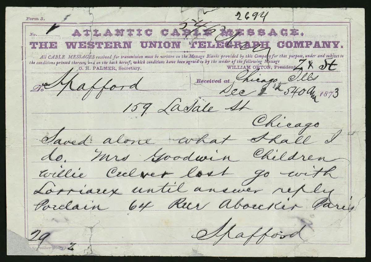 «Спаслась только я» — телеграмма от Анны Горацио Спаффорду после кораблекрушения «Виль дю Гавр», 1873 г. Библиотека Конгресса. (Public Domain) По ту сторону скорби: С моей душой всё хорошо
