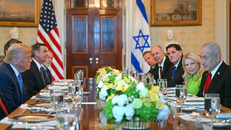 Президент Дональд Трамп встречается с премьер-министром Израиля Биньямином Нетаньяху в Голубой комнате Белого дома 7 июля 2025 года. (Andrew Caballero-Reynolds/AFP via Getty Images)