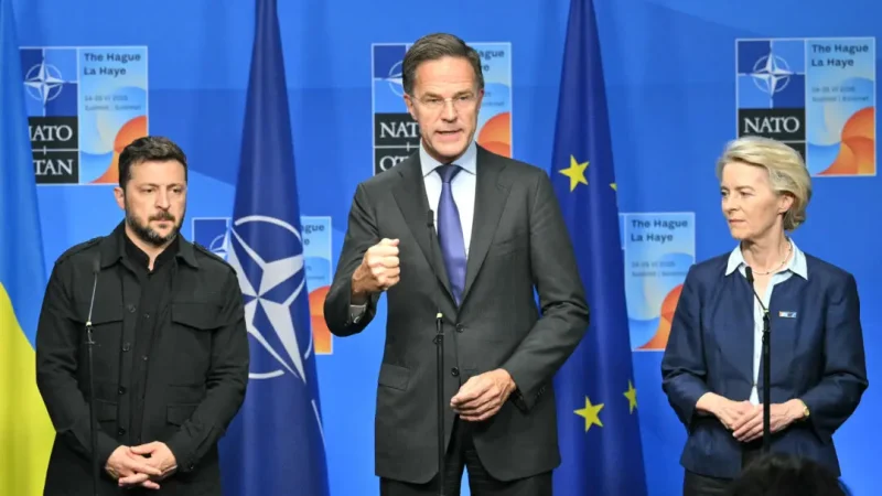 Президент Украины Владимир Зеленский, генеральный секретарь НАТО Марк Рютте и председатель Европейской комиссии Урсула фон дер Ляйен выступают перед прессой во время саммита НАТО в Гааге 24 июня 2025 года. (Nicolas Tucat/AFP via Getty Images) | Epoch Times Россия