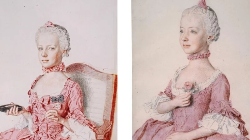 На протяжении столетий считалось, что на этих двух детских портретах кисти Жана-Этьена Лиотара изображены (слева) Мария-Антуанетта и её сестра Мария-Каролина. Новое исследование недавно выявило историческую путаницу. Мария-Каролина на самом деле держит челнок (слева), а её младшая сестра Мария-Антуанетта — розу. (Public Domain) | Epoch Times Россия