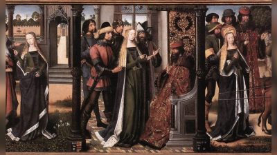 «Легенда о святой Лючии» в трёх сценах, расположенных рядом, 1480 год, работа Мастера легенды о святой Лючии. Брюгге. (Public Domain)