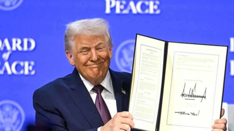 Дональд Трамп держит в руках подписанный учредительный устав на заседании «Совета мира» во время ежегодного Всемирного экономического форума (ВЭФ) в Давосе 22 января 2026 года. (Fabrice Coffrini/AFP via Getty Images)