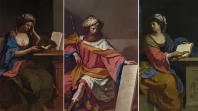 Подборка фрагментов из трёх картин Гверчино 1651 года. (Слева направо) «Самосская Сивилла с путто», «Царь Давид» и «Кумская Сивилла с путто». (Public Domain)