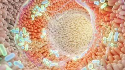 3D-визуализация бактерий микробиома в просвете кишечника и ворсинок слизистой оболочки.