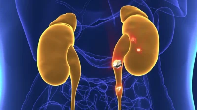 3D-визуализация камней в почках человека и мочеточнике для статьи о роли бактерий в их образовании.