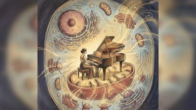 Иллюстрация пианистки, играющей внутри живой клетки