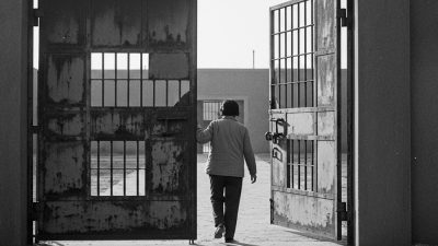 Женщина выходит через массивные тюремные ворота