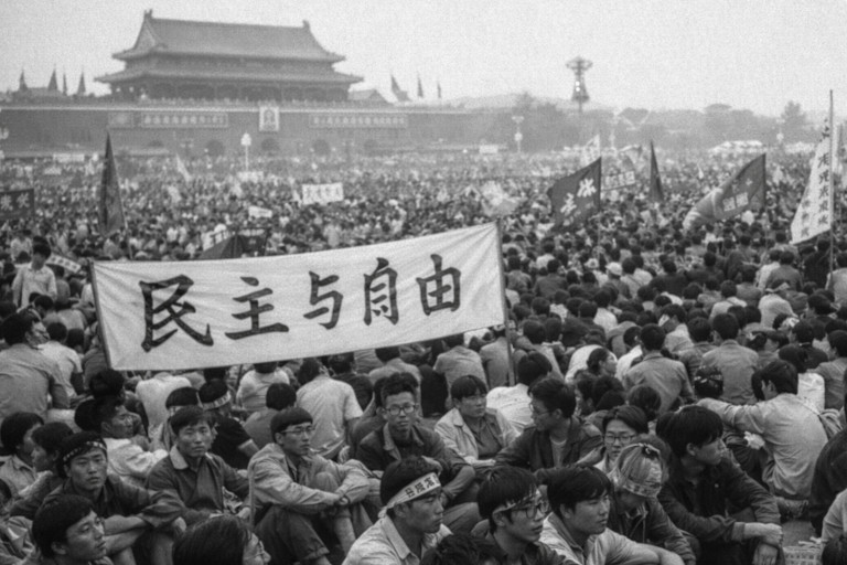 Толпа протестующих студентов на площади Тяньаньмэнь в 1989 году