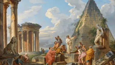 Картина Джованни Паоло Панини 1742 года, изображающая проповедь апостола Павла в Риме на фоне античных руин, символизирующих упадок империи и разрушение семейных ценностей.