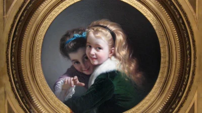 Фрагмент картины «Две смеющиеся девочки», 1880 г., Пере Боррель дель Касо. В этом произведении круглая рама используется для создания иллюзии.