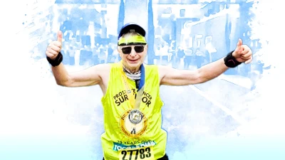 Доктор Майкл Холик на марафоне в футболке Prostate Cancer Survivor