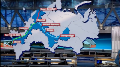 Схема планируемых высокоскоростных железнодорожных магистралей (ВСМ) в России с указанием ключевых городов: Санкт-Петербург, Москва, Казань, Екатеринбург, Адлер и Минск.