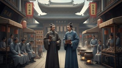 Сюэ Сюэ и Е Гуй обсуждают методы лечения на фоне аптечных лавок и котлов с целебными отварами.