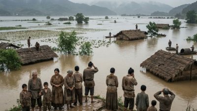 Крестьяне смотрят на затопленную деревню во время наводнения