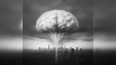 Взрыв в форме мозга над городом как символ p-doom