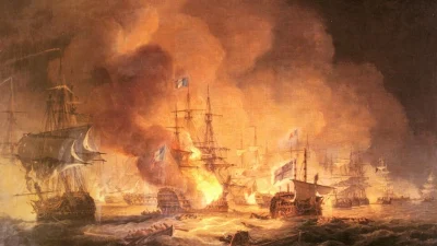 «Битва на Ниле, 1 августа 1798 года, 22:00», 1834 год, автор Томас Луни. Частная коллекция. Эта битва восстановила присутствие британского флота в Средиземном море.