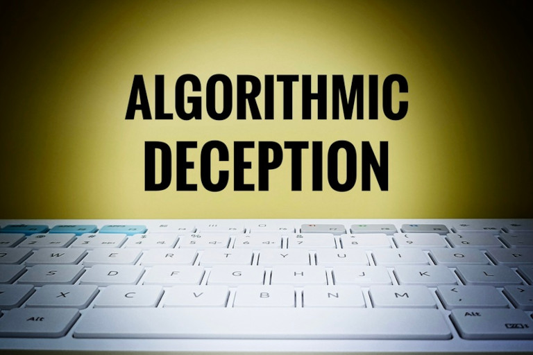 Надпись Algorithmic Deception над компьютерной клавиатурой