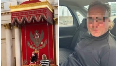 Коллаж ЕТ: мужчина на троне в Георгиевском зале Эрмитажа и его фотография