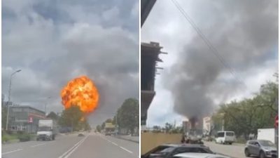 Огненный шар и столб дыма во время взрыва на заправке в Пятигорске на улице Ермолова