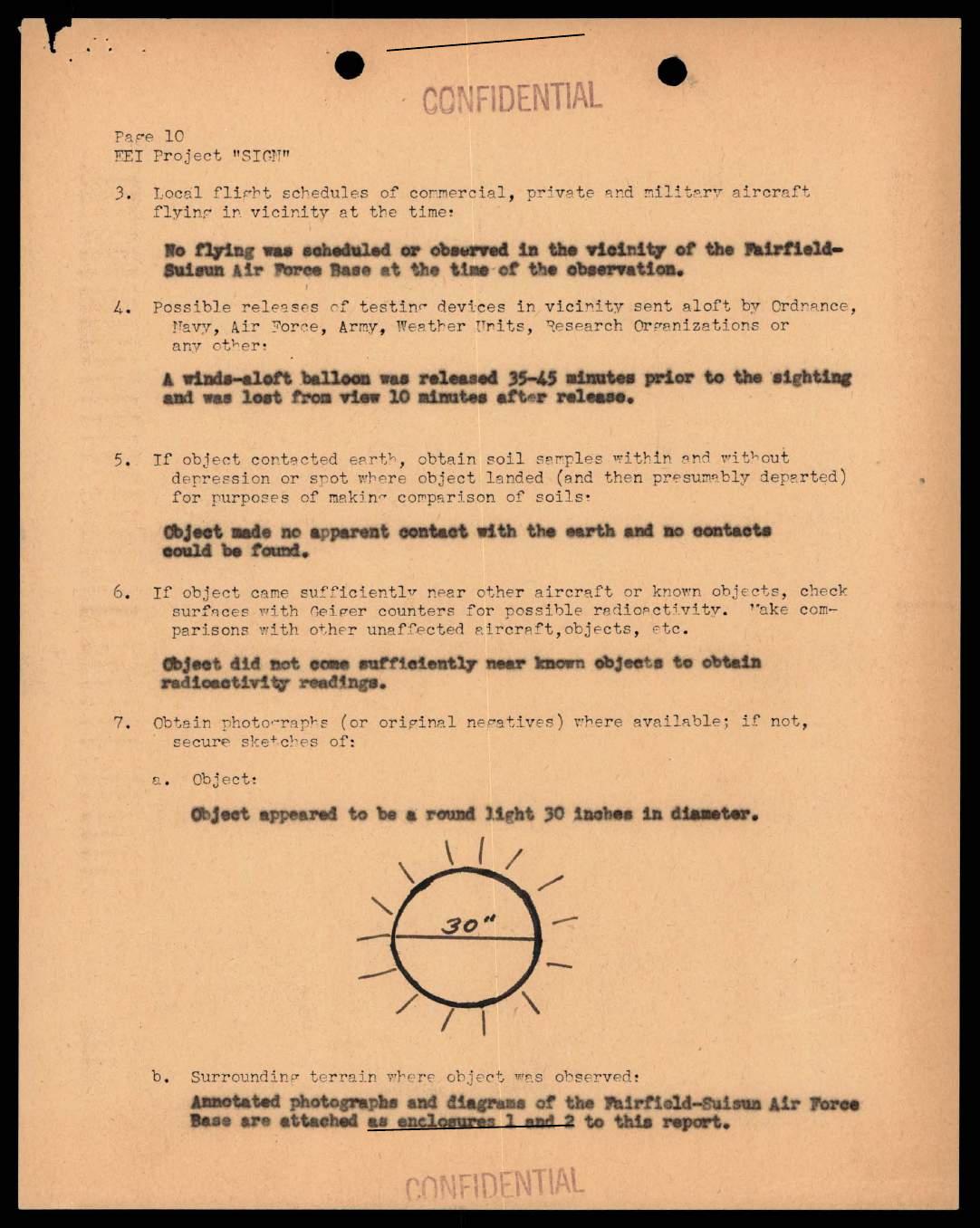 Страница стандартного бланка расследования (Проект SIGN) с зарисовкой объекта. Диаметр по оценке очевидца — 30 дюймов. Авиабаза Фэрфилд-Суисун, декабрь 1948.
